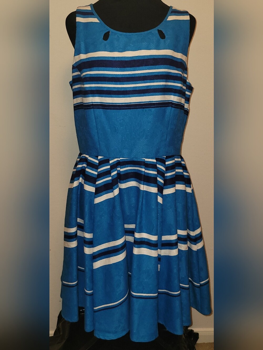Gabby Skye Royal Blue and White Striped Sleeveless Fit-and-Flare Dress
